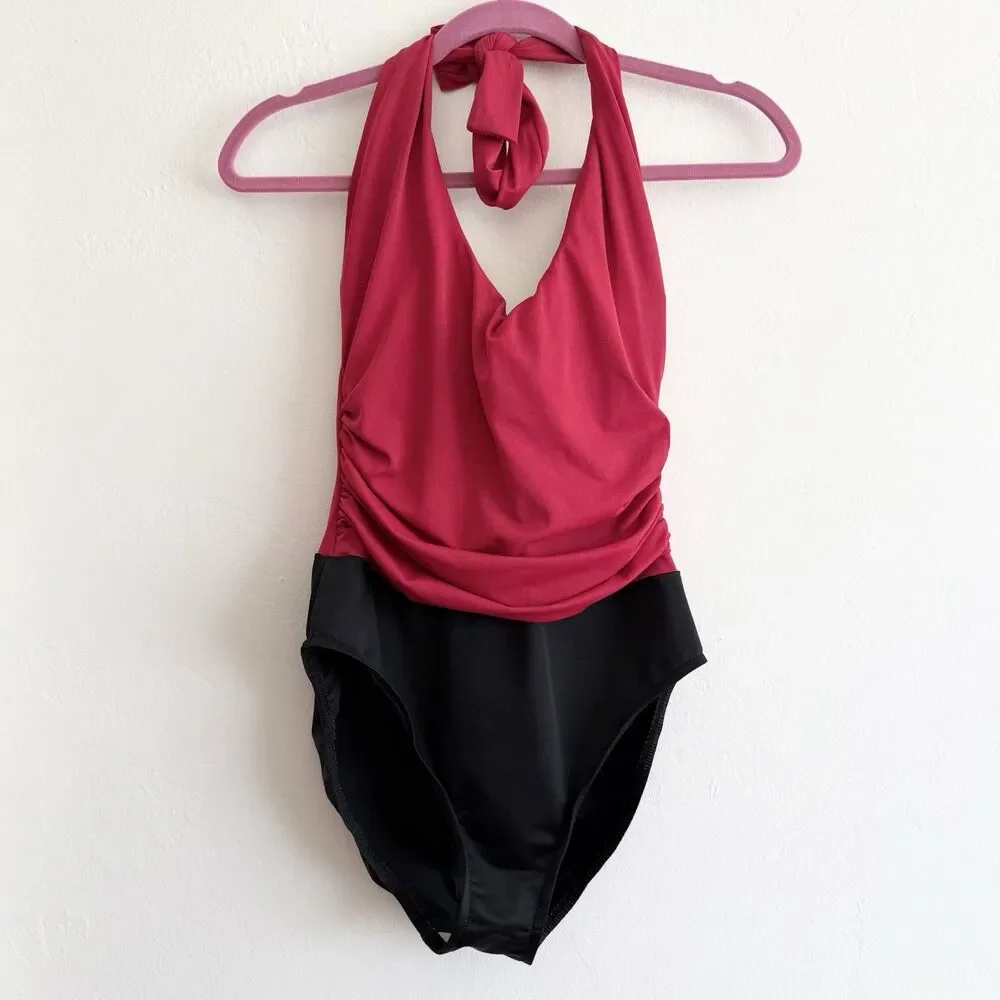 Miraclesuit Halter Top Tummy Control One Piece Swim in Black and Red Size 14